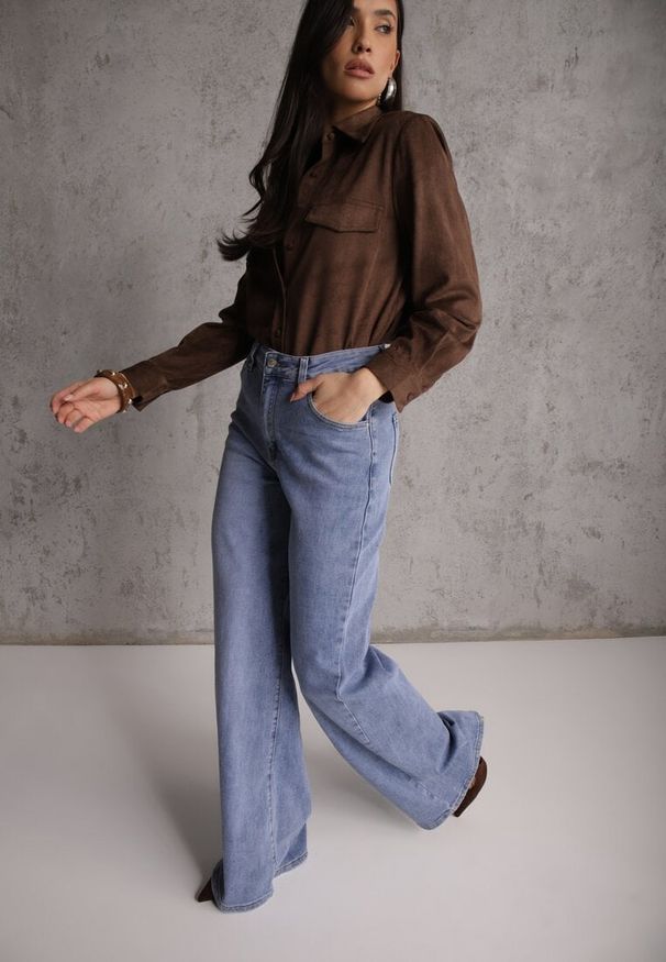 Renee - Niebieskie Szerokie Jeansy Palazzo z Bawełną Zinnarisa. Okazja: na co dzień. Stan: podwyższony. Kolor: niebieski. Styl: casual