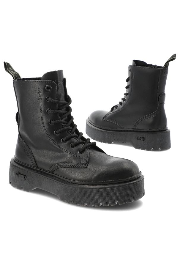 Czarne Trapery Jeep Stylowe Skórzane Buty Damskie. Wysokość cholewki: przed kolano. Kolor: czarny. Materiał: skóra. Szerokość cholewki: normalna. Wzór: moro. Styl: elegancki