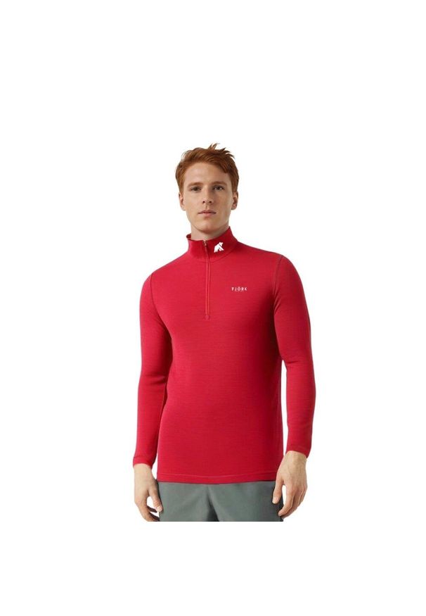 FJORK MERINO - Koszulka z długim rękawem męska wykonana w 100% z wełny merynosów – Finn 210 Zip. Kolor: czerwony. Materiał: wełna. Długość rękawa: długi rękaw. Długość: długie