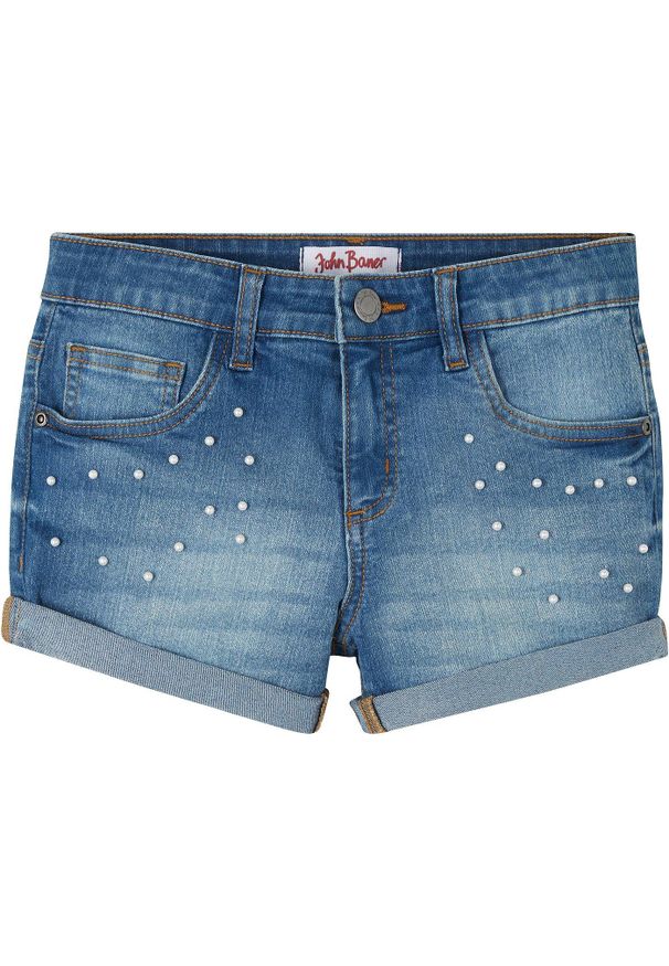 bonprix - Szorty jeansowe, średni stan. Kolor: niebieski. Wzór: aplikacja. Styl: elegancki