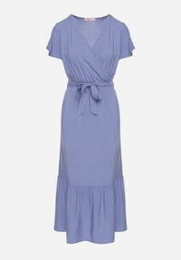 Born2be - Niebieska Wiskozowa Sukienka z Kopertowym Dekoltem z Paskiem Savorlisse. Okazja: na co dzień. Kolor: niebieski. Materiał: wiskoza. Wzór: aplikacja. Typ sukienki: kopertowe. Styl: casual, klasyczny #7