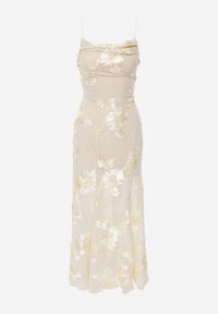 Renee - Beżowa Wieczorowa Sukienka z Siateczki z Gorsetowym Wiązaniem na Plecach Cezenna. Okazja: na co dzień. Typ kołnierza: dekolt gorset. Kolor: beżowy. Wzór: aplikacja, kwiaty. Typ sukienki: gorsetowe. Styl: wizytowy #3