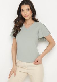 Born2be - Zielona Bluzka z Szerokimi Rękawami Sunevia. Okazja: na co dzień. Typ kołnierza: dekolt w kształcie V. Kolor: zielony. Materiał: jeans. Styl: elegancki, casual #1