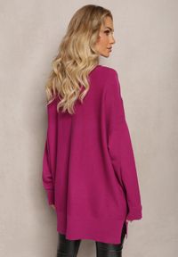 Renee - Fioletowy Oversizowy Sweter o Przedłużonym Fasonie z Rękawami Typu Nietoperz Porunxa. Kolor: fioletowy. Długość: długie. Sezon: jesień, zima #2
