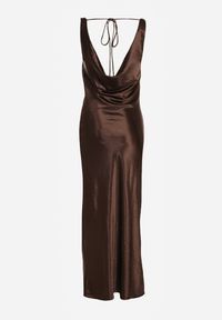 Renee - Brązowa Satynowa Wiskozowa Sukienka Koktajlowa z Bawełną Deleisana. Kolor: brązowy. Materiał: wiskoza, satyna, bawełna. Styl: wizytowy #7