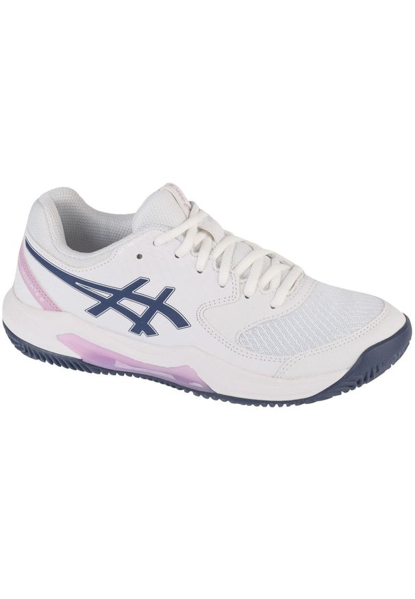 Buty do tenisa damskie Asics Gel Dedicate 8. Kolor: biały, wielokolorowy, niebieski. Materiał: materiał, syntetyk. Szerokość cholewki: normalna. Sport: tenis