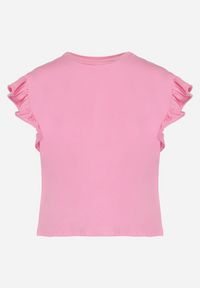 Born2be - Jasnoróżowy T-shirt z Falowanym Rękawem Aidira. Kolor: różowy. Materiał: jeans. Długość rękawa: krótki rękaw. Długość: krótkie