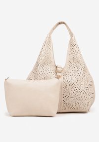 Born2be - Beżowa Ażurowa Torebka Hobo z Dodatkową Saszetką Frosira. Kolor: beżowy. Wzór: ażurowy. Materiał: zdobione. Styl: klasyczny, elegancki, casual