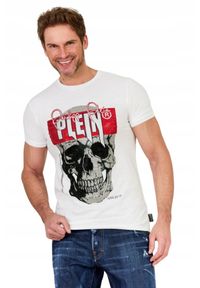 Philipp Plein - PHILIPP PLEIN Biały t-shirt z czaszką i logo. Kolor: biały. Materiał: prążkowany. Wzór: aplikacja #3