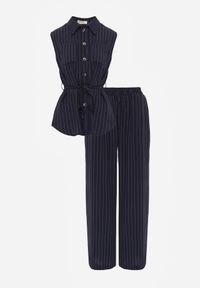 Renee - Granatowy Komplet z Wiskozy Spodnie Wide Leg i Koszula Bez Rękawów z Paskiem Adduin. Kolor: niebieski. Materiał: wiskoza #6