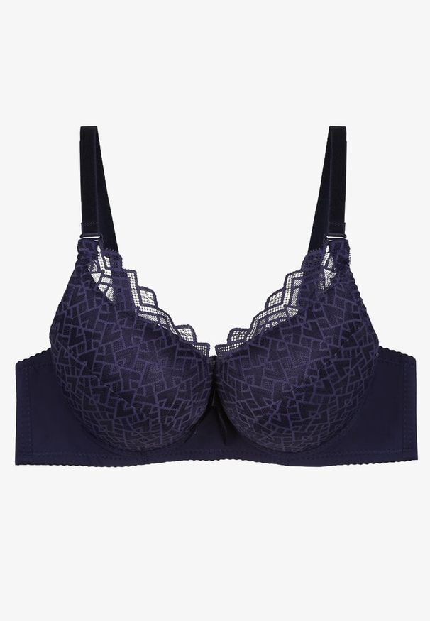 Renee - Granatowy Biustonosz Push Up z Koronką i Regulowanymi Ramiączkami Tiavara. Kolor: niebieski. Materiał: koronka. Rodzaj stanika: push-up. Wzór: koronka