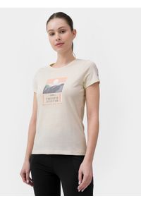 4f - T-shirt regular z bawełny organicznej damski. Kolor: biały. Materiał: bawełna. Wzór: nadruk #1