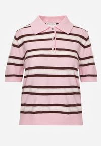 Renee - Różowy T-shirt Polo z Wiskozą w Paski z Guzikami Vevevia. Okazja: na co dzień. Typ kołnierza: polo. Kolor: różowy. Materiał: wiskoza. Wzór: paski. Styl: casual, sportowy #8