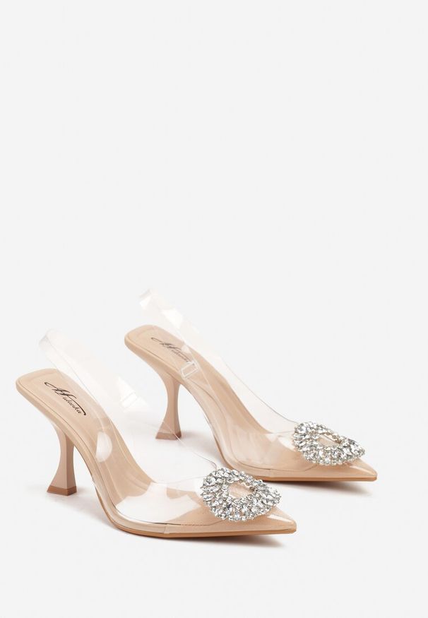 Born2be - Beżowe Transparentne Czółenka Bez Pięty z Metalową Aplikacją i Cyrkonami Navinnia. Okazja: na co dzień, na ślub cywilny, na wesele. Kolor: beżowy. Wzór: aplikacja. Obcas: na obcasie. Styl: casual. Wysokość obcasa: średni