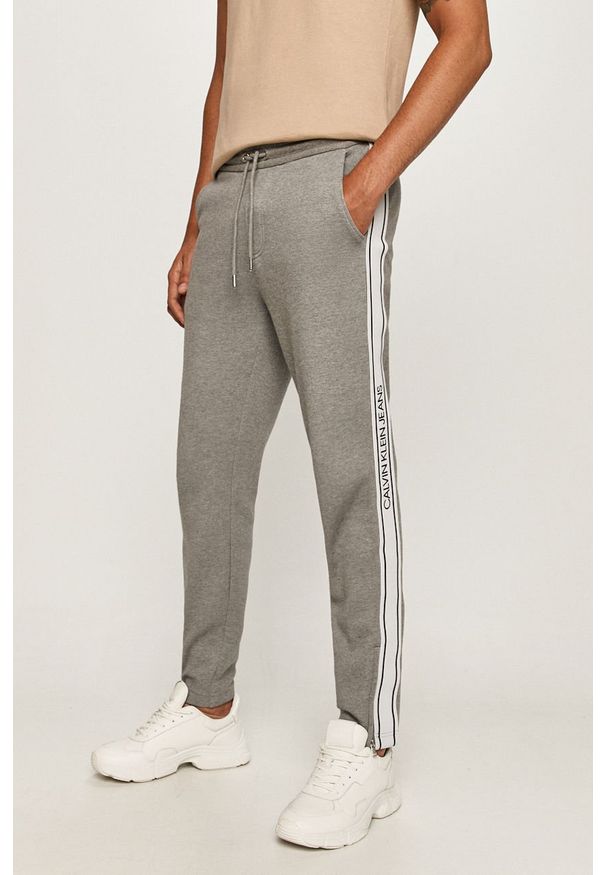 Calvin Klein Jeans - Spodnie. Kolor: szary. Materiał: bawełna, poliester, dzianina. Wzór: aplikacja