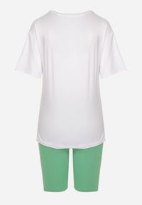Born2be - Zielono-Biały Komplet T-shirt z Nadrukiem i Kolarki z Wysokim Stanem Jannesca. Kolor: zielony. Materiał: tkanina. Wzór: nadruk #7