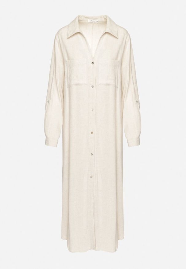 Born2be - Beżowa Koszulowa Sukienka z Lnem i Wiskozą z Regulowanymi Rękawami Melvezia. Okazja: na co dzień. Kolor: beżowy. Materiał: wiskoza, len. Typ sukienki: koszulowe. Styl: casual