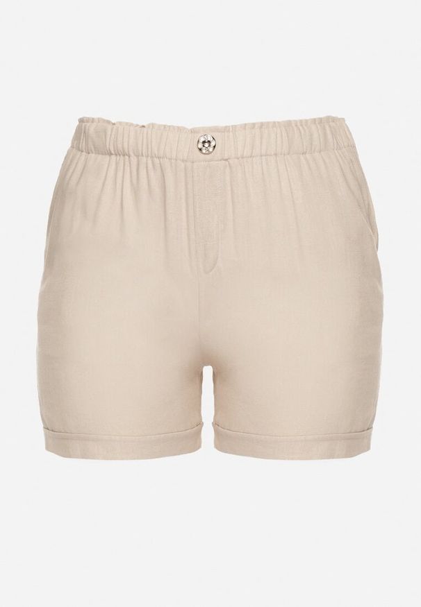 Born2be - Jasnobeżowe Casualowe Szorty z Lnem z Gumką w Talii Filowena. Okazja: na co dzień. Kolekcja: plus size. Kolor: beżowy. Materiał: len. Styl: casual