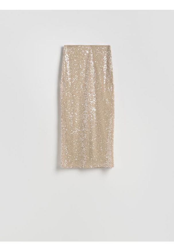 Reserved - Cekinowa spódnica midi - kremowy. Kolor: kremowy. Materiał: dzianina