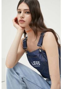 Love Moschino bluza kolor granatowy. Kolor: niebieski. Materiał: tkanina. Długość rękawa: na ramiączkach. Długość: krótkie #4