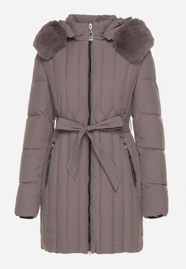 Born2be - Ciemnoszara Kurtka z Pionowymi Pikowanymi Przeszyciami i Kapturem z Futrem Wiązana w Pasie Leoriya. Okazja: na co dzień. Kolor: szary. Materiał: futro. Styl: casual