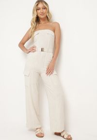 Born2be - Jasnobeżowy Kombinezon Zwężany w Talii Lnem i Wiskozą Qurefia. Okazja: na co dzień. Kolor: beżowy. Materiał: len, wiskoza. Długość: długie. Styl: casual, elegancki #1