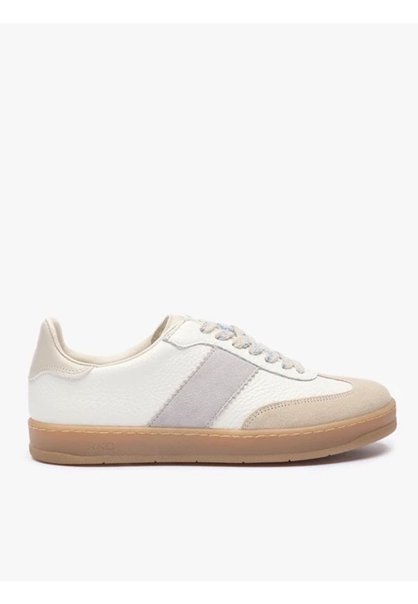 Ryłko - Kremowe sneakersy z szarym paskiem. Okazja: na co dzień. Nosek buta: okrągły. Zapięcie: pasek. Kolor: beżowy. Materiał: skóra. Szerokość cholewki: normalna. Styl: casual, street, sportowy, klasyczny