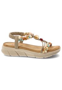Sandały damskie Artiker, cholewka z materiału eleganckie dodatki na płaskiej podeszwie, beżowe, 58C0001. Okazja: na co dzień. Zapięcie: pasek. Kolor: beżowy. Materiał: materiał. Wzór: paski. Sezon: lato. Obcas: na płaskiej podeszwie. Styl: elegancki #2