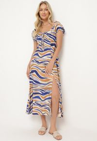 Born2be - Niebieska Rozkloszowana Sukienka z Wiskozą i Bawełną Wykończona Gumką na Plecach Dimillia. Okazja: na co dzień. Kolor: beżowy. Materiał: bawełna, wiskoza. Sezon: lato. Styl: casual, elegancki #3
