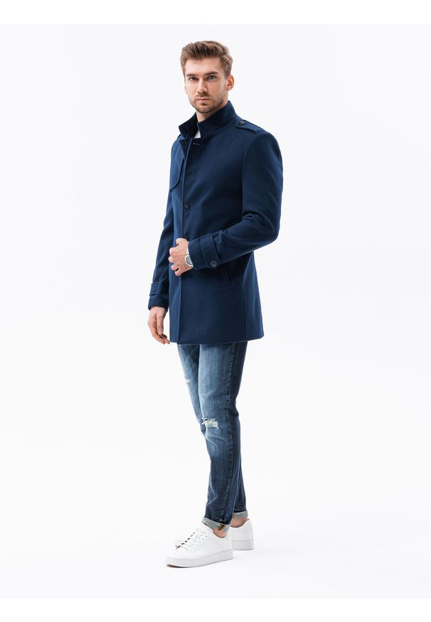 Ombre Clothing - Płaszcz męski przejściowy C603 - granatowy - XXL. Typ kołnierza: kołnierzyk stójkowy. Kolor: niebieski. Materiał: poliester. Styl: elegancki