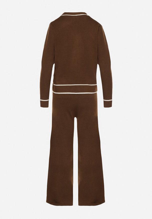 Born2be - Brązowy Dzianinowy Komplet Szerokie Spodnie i Kardigan z Lamówkami Gioresa. Kolor: brązowy. Materiał: dzianina. Wzór: gładki. Sport: turystyka piesza