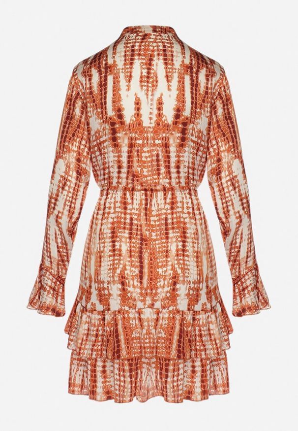 Born2be - Pomarańczowa Sukienka Mini Ozdobiona Falbankami i Akwarelowym Wzorem Panava. Typ kołnierza: kołnierz z falbankami. Kolor: pomarańczowy. Długość rękawa: długi rękaw. Wzór: aplikacja. Długość: mini