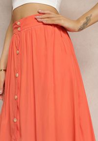 Renee - Pomarańczowa Rozkloszowana Spódnica Maxi z Gumką w Talii i Kieszeniami Kendrani. Okazja: na co dzień, na imprezę. Kolor: pomarańczowy. Styl: elegancki, casual