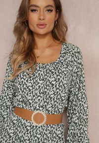 Renee - Biało-Zielona Sukienka Hyrathe. Kolor: zielony. Materiał: tkanina. Wzór: aplikacja, kwiaty, nadruk. Styl: elegancki. Długość: maxi #3