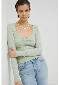 Hollister Co. longsleeve damska kolor turkusowy. Typ kołnierza: dekolt w karo. Kolor: turkusowy. Materiał: dzianina. Długość rękawa: długi rękaw #5