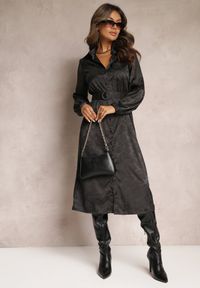 Renee - Czarna Sukienka Koszulowa z Paskiem Tolime. Kolor: czarny. Materiał: materiał. Typ sukienki: koszulowe. Długość: midi