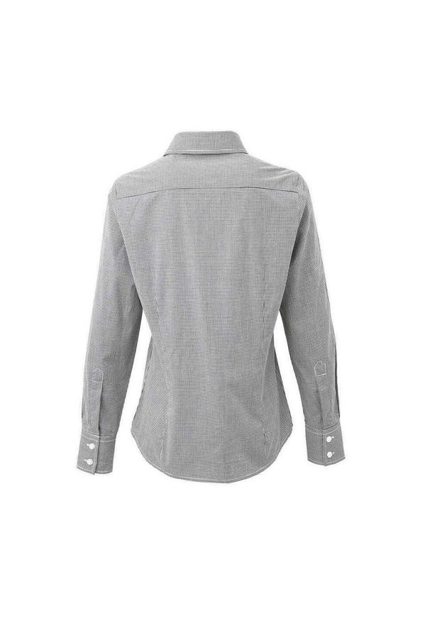 PREMIER - Damska Bawełniana Koszula Z Długim Rękawem W Kratkę Micro Gingham. Okazja: na co dzień. Kolor: czarny, wielokolorowy, biały. Materiał: bawełna. Długość rękawa: długi rękaw. Długość: długie. Wzór: kratka. Styl: casual