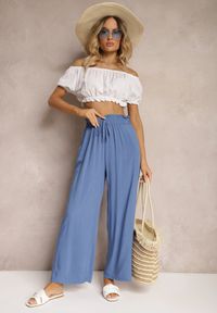 Renee - Niebieskie Spodnie Palazzo High Waist z Bawełny Wykończone Gumką w Talii Nellsea. Okazja: na co dzień. Stan: podwyższony. Kolor: niebieski. Materiał: bawełna. Styl: elegancki, casual #4