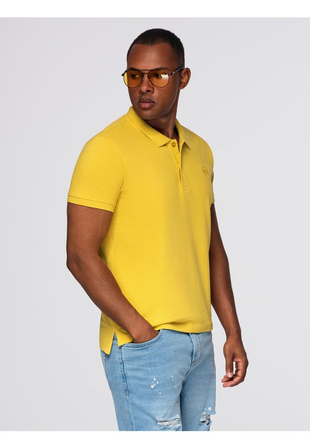 Ombre Clothing - Koszulka męska polo z dzianiny pique - żółty - Rozmiar: XXL. Typ kołnierza: polo. Kolor: żółty. Materiał: dzianina. Wzór: haft. Styl: klasyczny