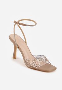 Born2be - Ciemnobeżowe Sandały entne Sandały na Szpilce Ozdobione Cyrkoniami Danelira. Okazja: na co dzień. Nosek buta: otwarty. Zapięcie: sprzączka. Kolor: beżowy. Wzór: aplikacja. Materiał: jeans. Obcas: na szpilce. Styl: wizytowy, casual, klasyczny, elegancki. Wysokość obcasa: średni #7
