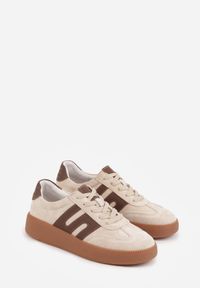 Born2be - Beżowe Skórzane Sneakersy na Kauczukowej Podeszwie z Geometrycznym Motywem Shytyse. Kolor: beżowy. Materiał: kauczuk, skóra. Wzór: geometria #8