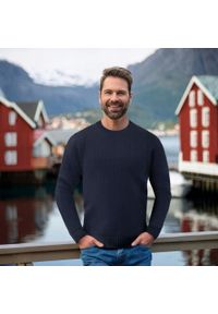 Bawełniany Sweter Męski z Drobnym Splotem - Pako Jeans - Granatowy. Kolor: niebieski. Materiał: bawełna. Wzór: ze splotem. Sezon: wiosna, zima, jesień. Styl: elegancki, klasyczny #5