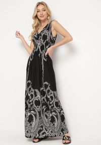 Born2be - Czarna Sukienka z Ornamentalnym Wzorem Gumką w Talii i Sznurkami na Ramionach Avemina. Kolor: czarny. Styl: klasyczny, elegancki #5