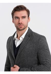Ombre Clothing - Męska marynarka w kratę z dodatkiem wełny - grafitowa V2 OM-BLZB-0117 - XXL. Kolor: szary. Materiał: wełna #9