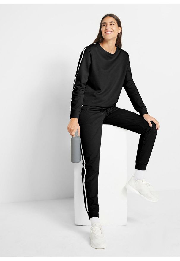 bonprix - Dres sportowy bawełniany (2 części). Kolor: czarny. Materiał: dresówka, bawełna. Styl: sportowy