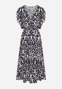 Born2be - Granatowa Bawełniana Sukienka Rozkloszowana z Falbankami w Ornamentalny Wzór Zaliette. Okazja: na co dzień. Typ kołnierza: kołnierz z falbankami. Kolor: niebieski. Materiał: bawełna. Długość rękawa: krótki rękaw. Styl: casual, elegancki #7