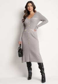 Born2be - Szara Sweterkowa Sukienka z Wiskozą Ozdobiona Guzikami i Imitacją Kieszeni Izamines. Okazja: na co dzień. Kolor: szary. Materiał: wiskoza. Wzór: aplikacja. Typ sukienki: dopasowane, proste. Styl: klasyczny, casual, elegancki #1