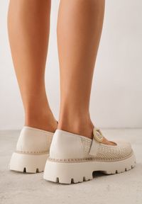 Born2be - Beżowe Skórzane Półbuty na Platformie z Paskiem z Klamerką i Plecionką Limnoreia. Okazja: na co dzień. Zapięcie: pasek. Kolor: beżowy. Materiał: skóra. Szerokość cholewki: normalna. Obcas: na platformie. Styl: klasyczny, casual #4