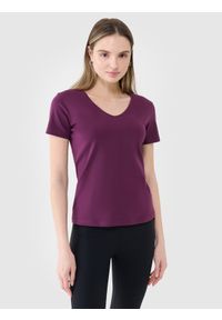 4f - 4F T-shirt slim gładki damski - fioletowy S. Okazja: na co dzień. Typ kołnierza: dekolt w serek. Kolor: fioletowy. Materiał: jersey, materiał, bawełna, elastan, dzianina, skóra. Długość rękawa: krótki rękaw. Długość: krótkie. Wzór: gładki. Styl: sportowy, klasyczny, casual