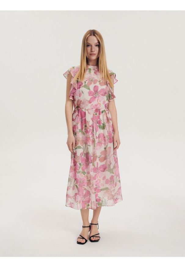 Reserved - Szyfonowa sukienka w kwiaty - wielobarwny. Materiał: szyfon. Wzór: kwiaty. Typ sukienki: proste